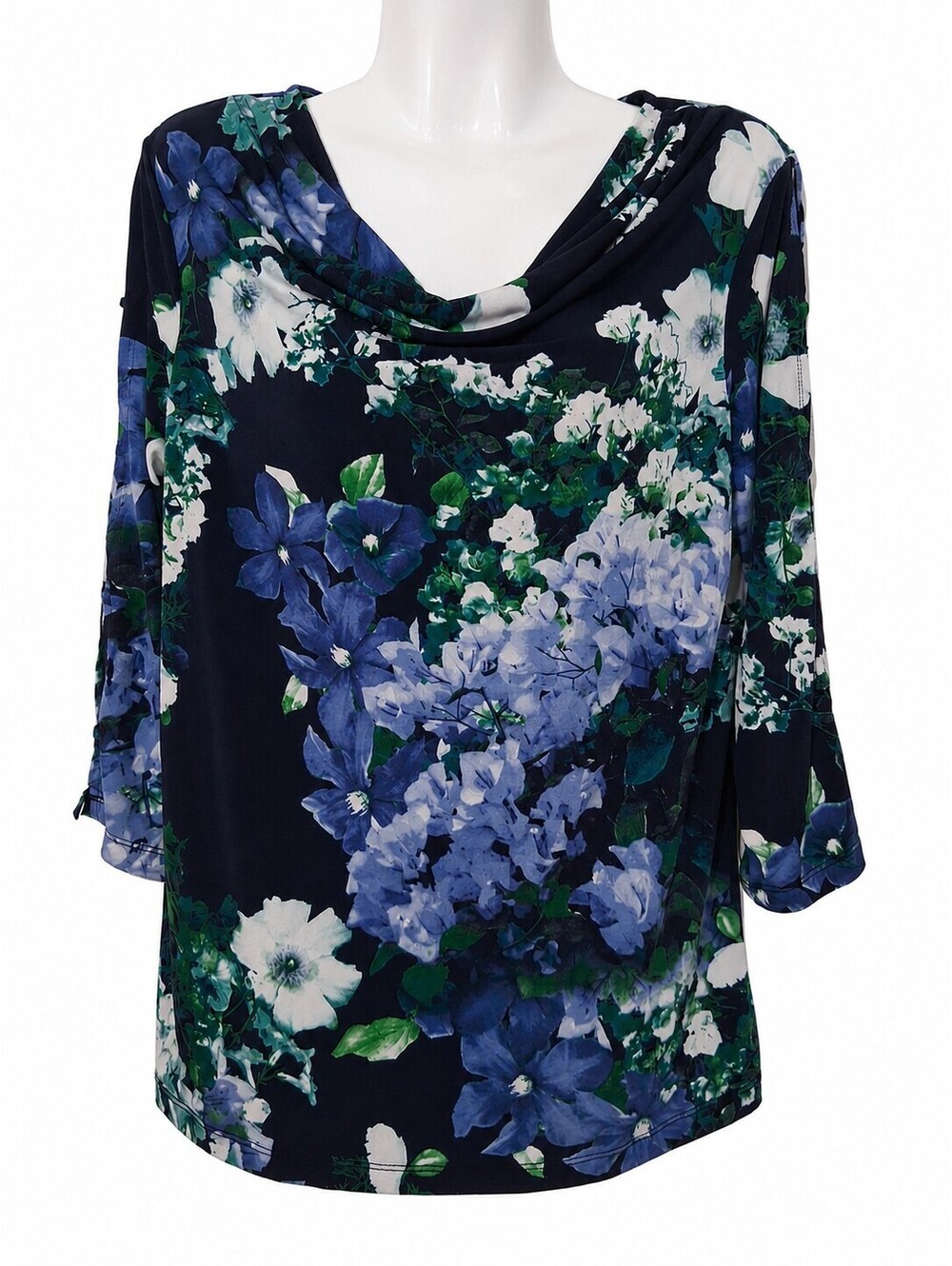 Susan Graver Women's Blue White Green Floral Cowl Neck Split Sleeve Blouse  Sm.
